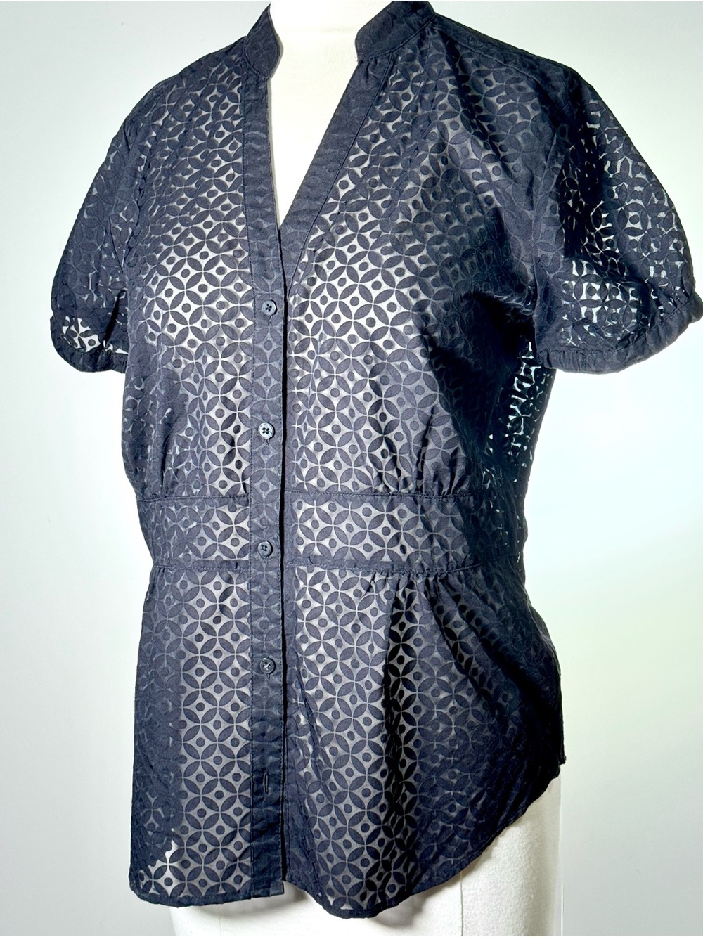 Attention XL Black Eyelet Geometric Sheer Button Up Blouse